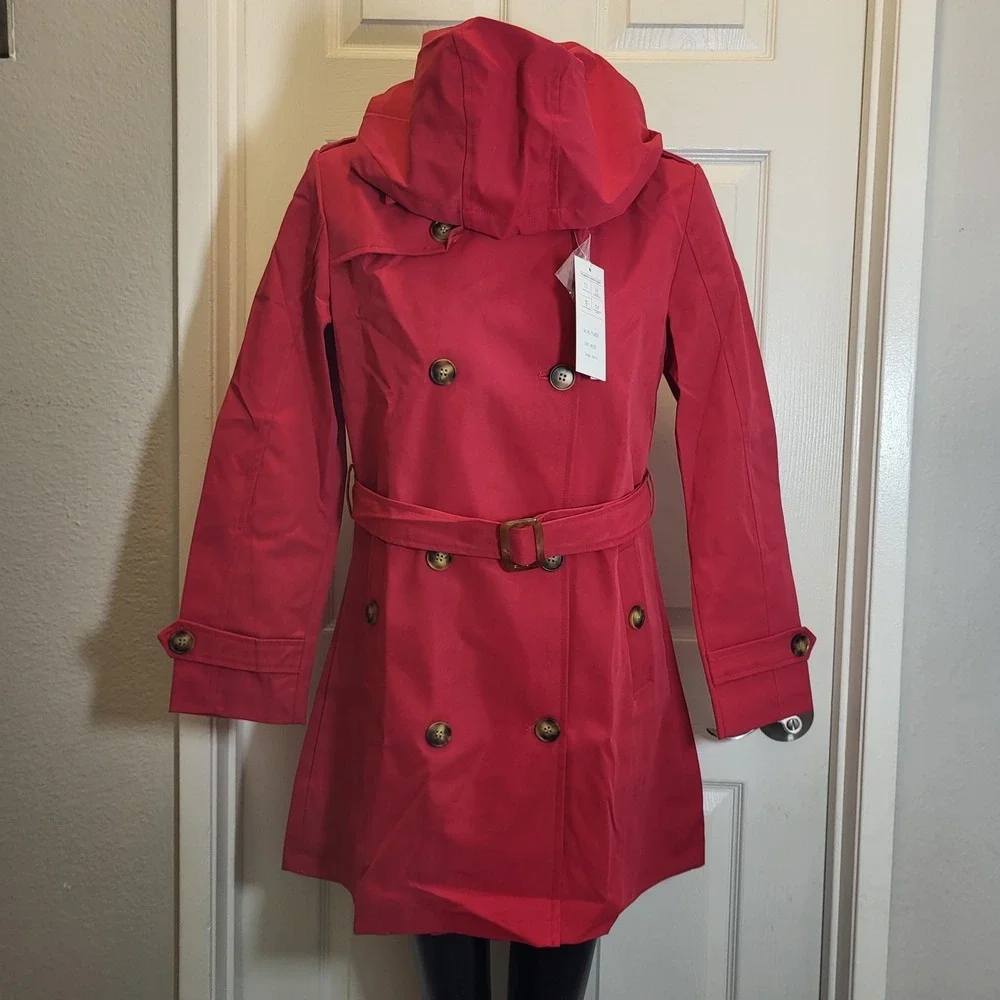 CREATMO US Women's Dress Coats Double-Breasted Trench Coat with Belt Red Size M